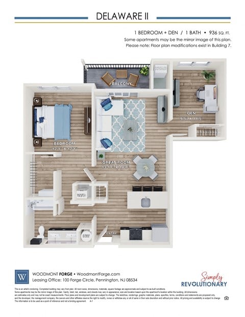 Floor plan for 1 bed, 1 bath, 936 sqft